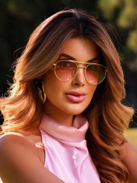 Óculos Aviador Jamaica lente rosa degradê haste dourada em metal premium para revenda. Proteção UV400, resistente a riscos. Atacado Clush com personalização inclusa!