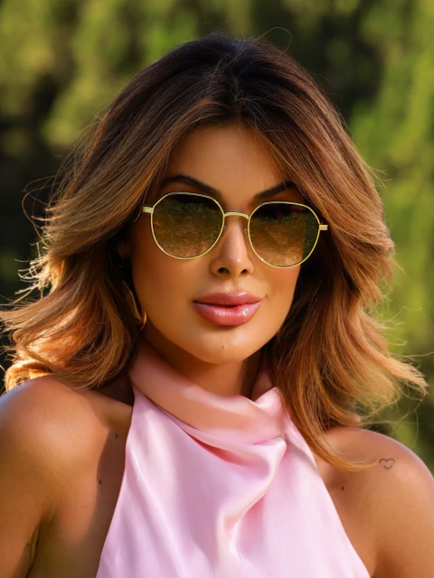 Óculos James redondo marrom degradê haste dourada metal premium para revenda. Proteção UV400, resistente a riscos. Atacado Clush. Compre já!