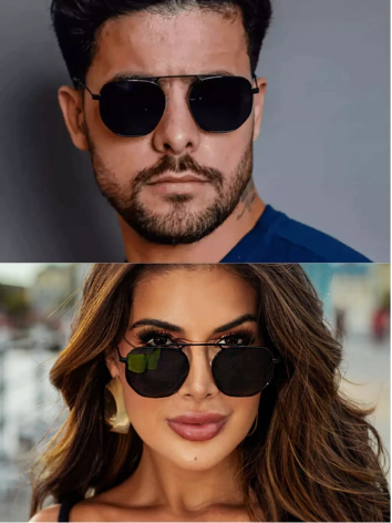 Óculos de Sol Ásia hexagonal em metal com lente preta. Proteção UV400, resistente a riscos. Revenda entre R$59,90-R$199,90. Compre no atacado Clush!