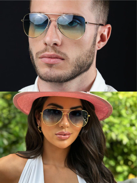 Óculos Aviador Light azul verde em metal premium. Proteção UV completa. Revenda entre R$59,90-R$199,90. Compre no atacado Clush!