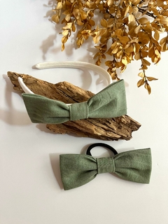 Moño Línea Tusor VERDE MALVA. Vincha o Gomita