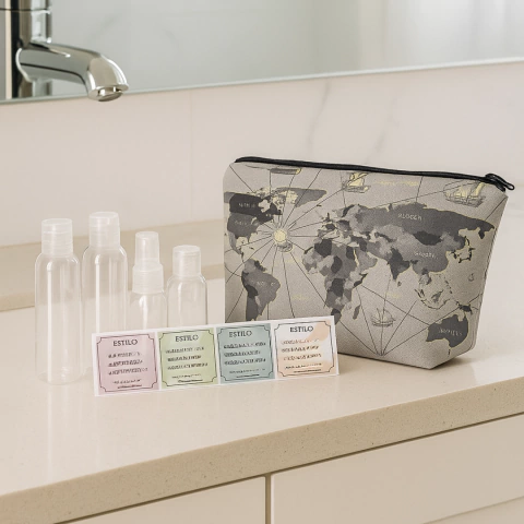 Set Neceser De Viaje + 4 Envases Para Rellenar ¡CON STICKERS PARA IDENTIFICAR! - Mapa Gris - comprar online