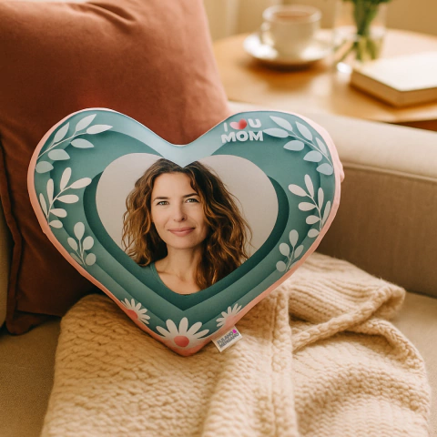 Almohadón corazón personalizado con foto , diseño floral y texto "I love you Mom"