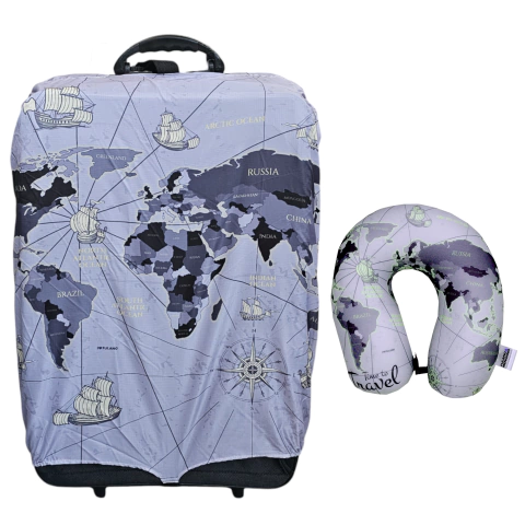 Kit De Viaje Funda Antidesgarro para Valija Grande + Cuello de Viaje - Mapa Gris - comprar online
