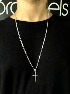 Cordão Grumet 70cm x 3mm + Pingente Cruz - Prata 925 - comprar online