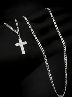 Cordão Grumet 70cm x 3mm + Pingente Cruz Cravejada cod02- Prata 925