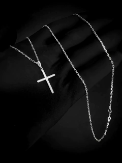 Cordão Cadeado 70cm 1mm + Pingente Cruz Cravejada cod01 - Prata 925