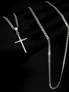 Cordão Grumet 70cm x 3mm + Pingente Cruz - Prata 925