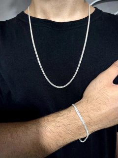 Conjunto Elo duplo 3mm corrente + pulseira - Prata 925