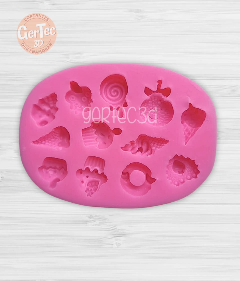 MOLDE SILICONA 12 MINI FIGURAS HELADO Y GOLOSINAS