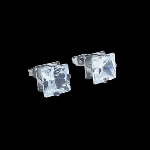 Par De Brincos Prata Quadrado Com Pedra Zircônia - 8X8mm