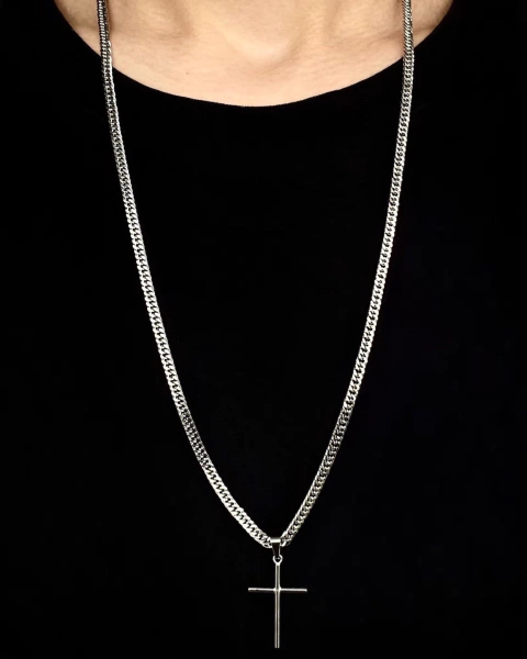 Corrente Grumet Dupla - Prata (3mm) - 16g - 70cm + Pingente Cruz Palito 3x2cm
