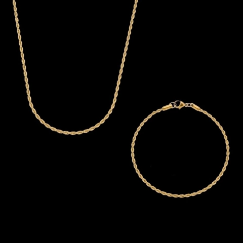 Corrente + Pulseira Cordão Baiano (3mm) - Ouro