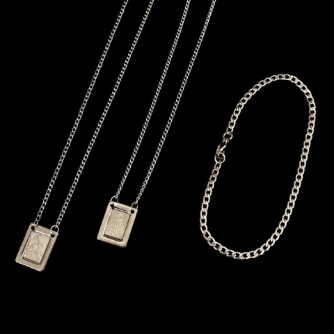 Escapulário Grumet N. Sra. Detalhado - 65cm + Pulseira Grumet (2mm) - 19cm - Prata