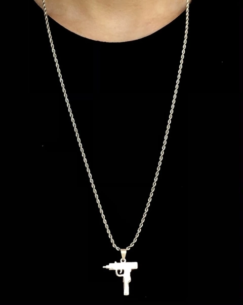 Corrente Cordão Baiano - PRATA (3mm) - 12g - 70cm + Pingente Uzi