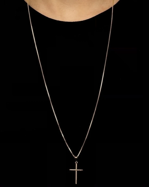 Corrente Veneziana (1mm) - 4g - 70cm + Pingente Cruz Palito 2,5x1,5cm - Banhado a ouro 18k