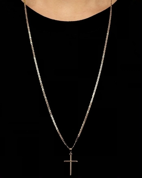 Corrente Piastrine (2mm) - 4g - 70cm + Pingente Cruz Palito - Ouro