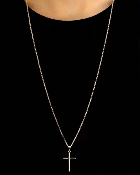 Corrente Elo Tijolinho (1mm) - 3g - 70cm + Pingente Cruz Palito 2,5x1,5cm - Ouro