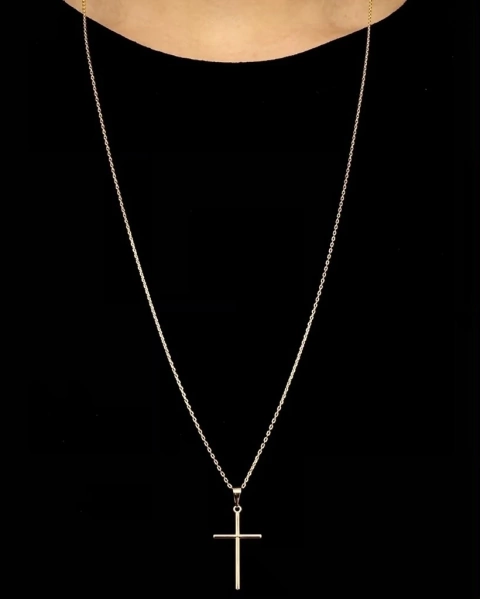 Corrente Elo Cadeado (1mm) - 2,5g - 70cm + Pingente Cruz Palito 2,5x1,5cm - Ouro