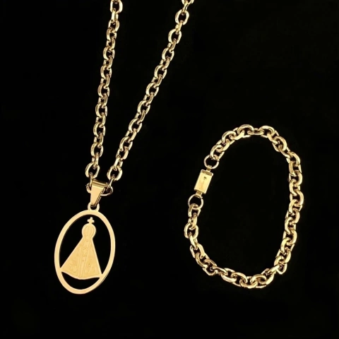 Kit Elo Cadeado (6mm) + Pingente N. Sra. - 4x2,9cm - Ouro