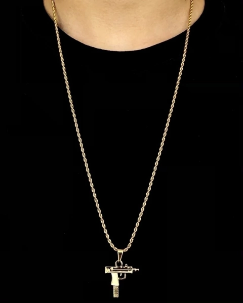 Corrente Cordão Baiano (3mm) - 12g - 70cm + Pingente Uzi - Ouro