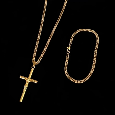 Kit Grumet Dupla (3mm) + Pingente Cruz Com Cristo - 3,8x2,3cm - Ouro