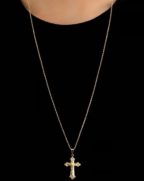 Corrente Elo Tijolinho (1mm) - 3g - 70cm + Pingente Cristo Especial 3x2cm - Banhado a ouro 18k