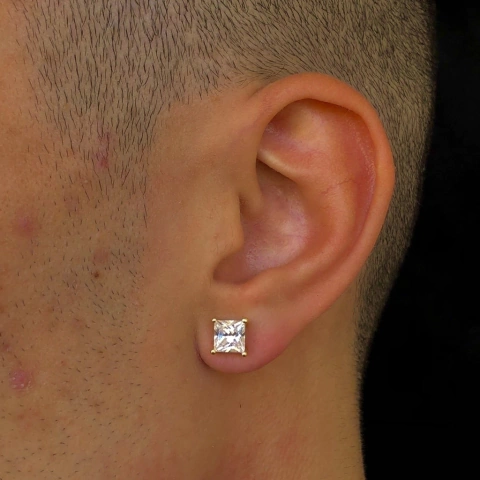 Par De Brincos Quadrado Com Pedra Zircônia - 6x6mm - Ouro