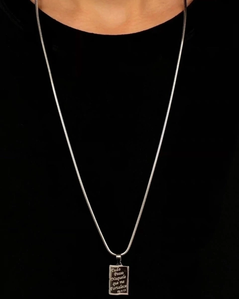 Corrente Rabo De Rato - Prata (2mm) - 12g - 70cm + Pingente Plaquinha “Tudo Posso”