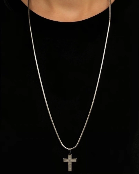 Corrente Rabo De Rato - Prata (2mm) - 12g - 70cm + Pingente Cruz “Pai Nosso” 2,5x1,8cm