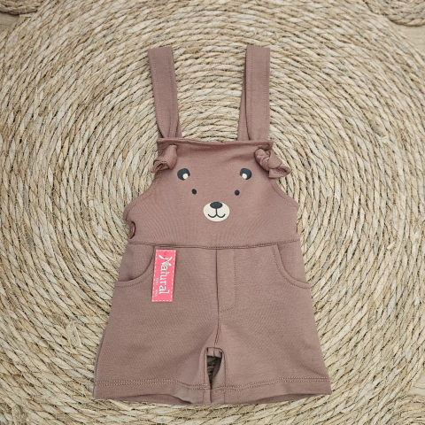 Jardinero corto para bebé color marrón con diseño de cara de oso y tirantes anchos