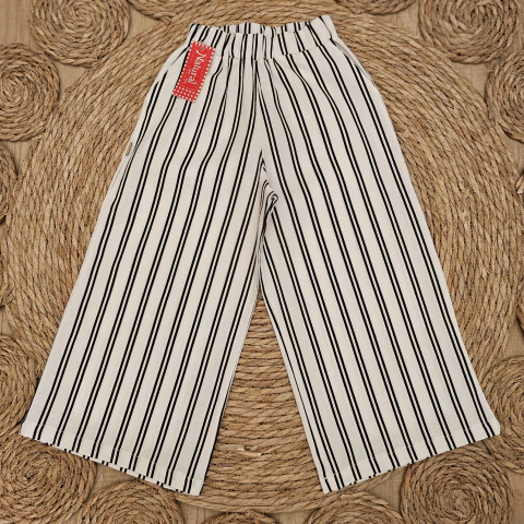 Pantalón palazzo para niñas color blanco con rayas negras verticales y cintura elástica