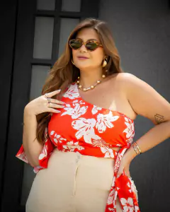 CROPPED NULA MANGA ESTAMPADO THAIS - LARANJA