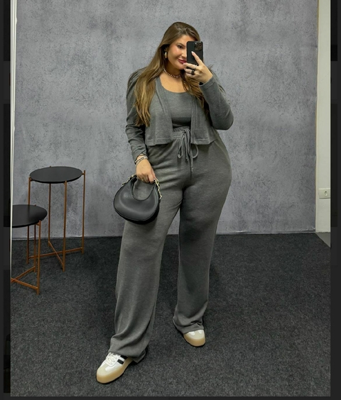 (CARDIGAN + CROPPED + CALÇA) TRICOT MINNIE -CINZA -