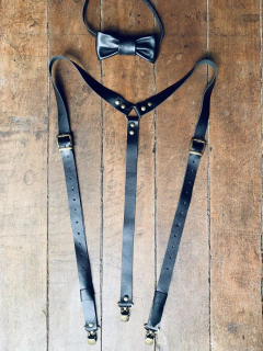 Kit suspensório e gravata em couro