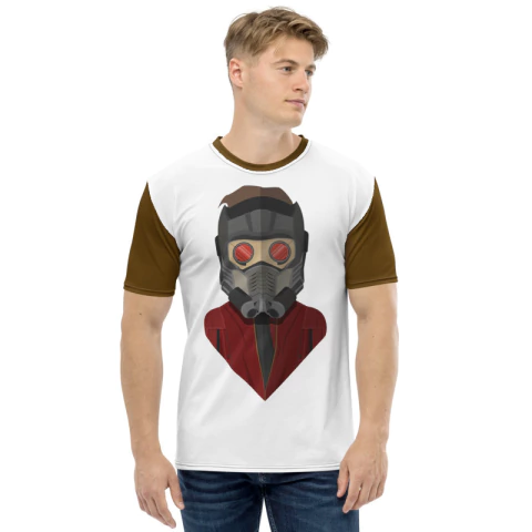 Camiseta de super-herói com a ilustração do Senhor das Estrelas, personagem da Marvel, usando um traje vermelho e máscara.