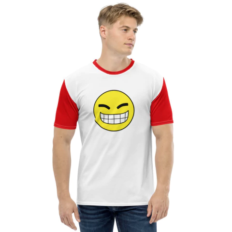 Camiseta Dry Fit com estampa de emoji sorridente, mangas vermelhas e corpo branco.