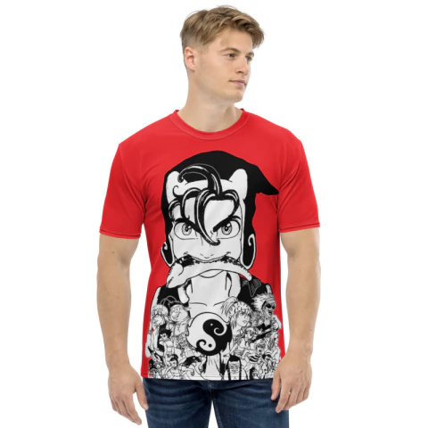 Camiseta Dry Fit vermelha com estampa do personagem Hokui, protagonista do mangá brasileiro Tropicaria, exibindo um design vibrante e expressivo.