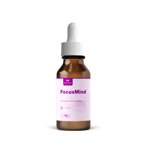 Frasco de vidro âmbar com conta-gotas branco contendo Complexo Homeopático FocusMind, 30ml