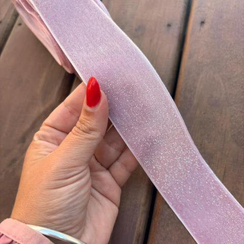 Fita 38mm veludo com brilho rosa - metro - comprar online