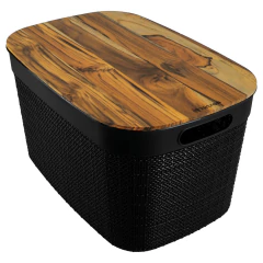 CAJA OVALADA DE SIMIL YUTE GRANDE DE PLASTICO NEGRO CON TAPA DE MADERA TECA - comprar online
