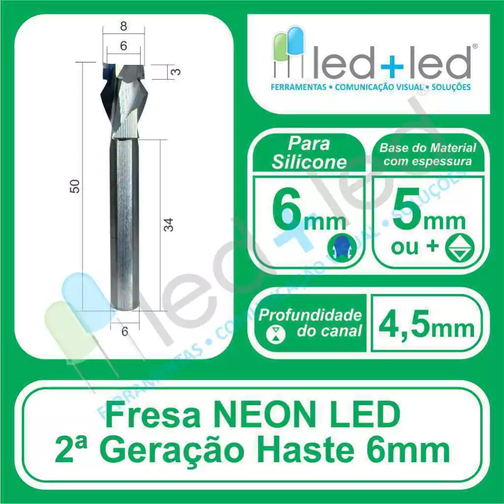 Fresa Cava Canal LED Neon 6mm 2a Geração Haste 6mm *rebaixar 4,5mm*