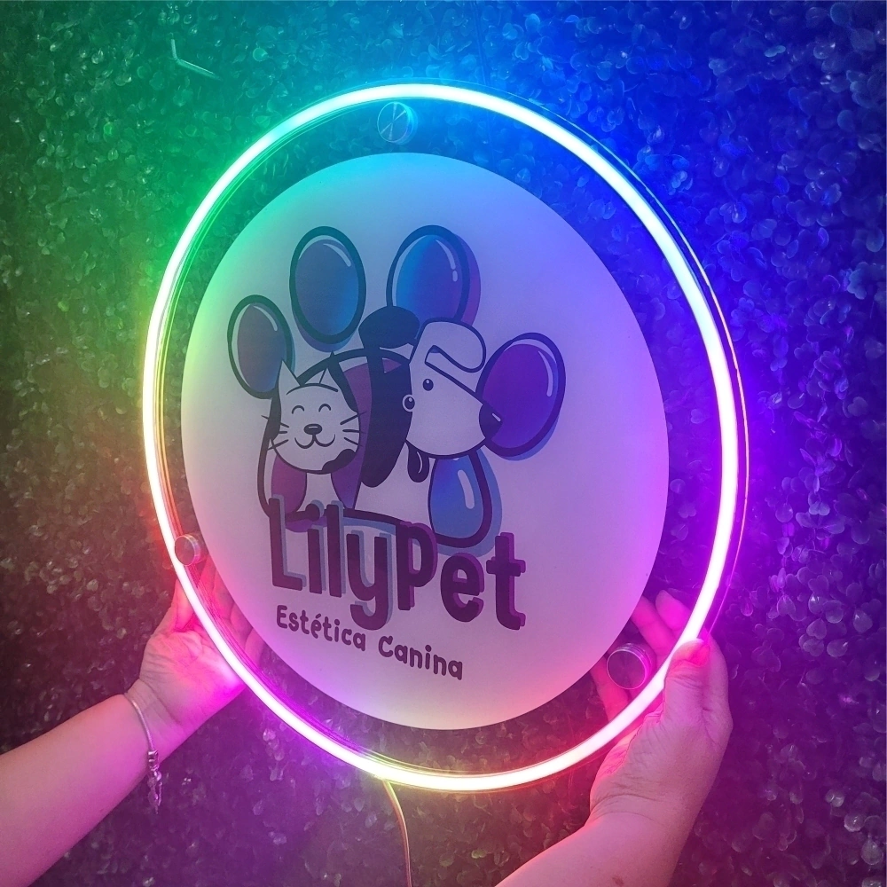 Placa em Acrílico Redonda 50cm com Neon LED RGB Personalizada sua Logomarca