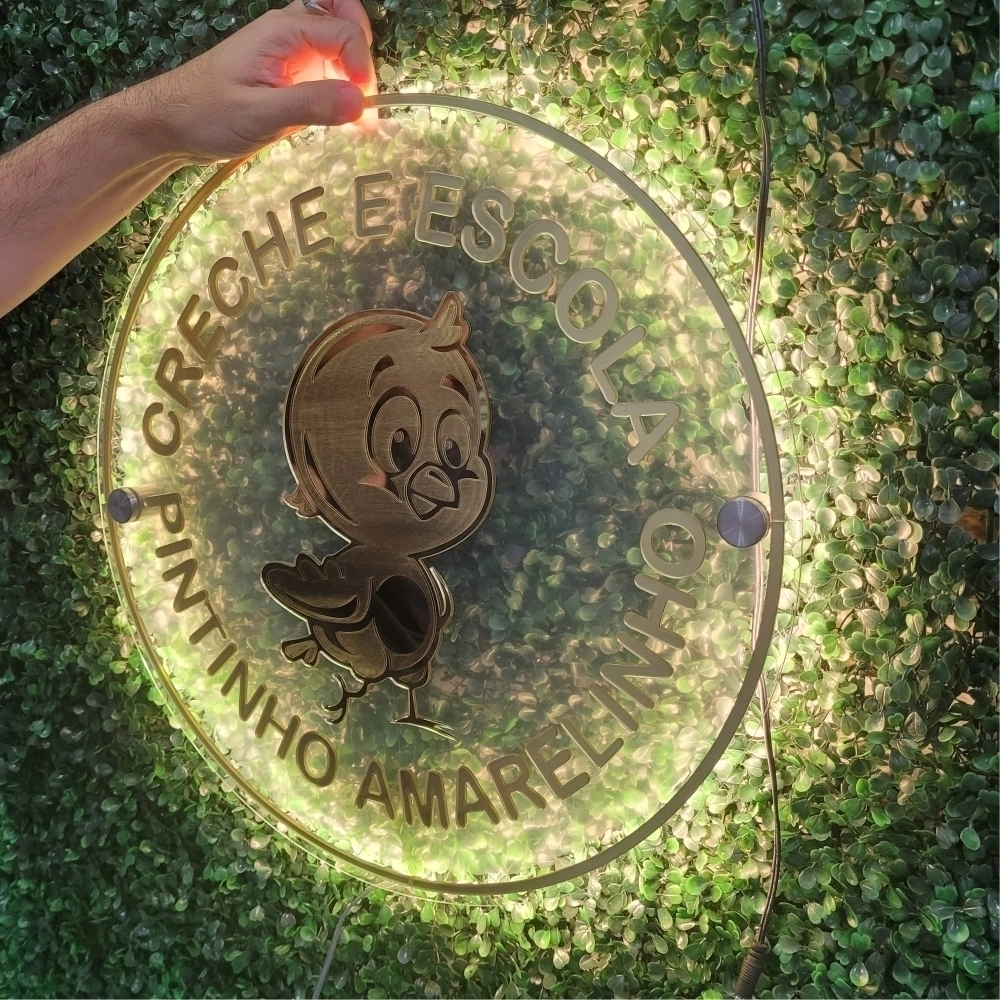 Placa em Acrílico Espelhado Redonda 50cm com Neon LED 1 cor Personalizada sua Logomarca