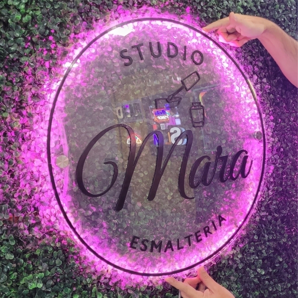 Placa em Acrílico Espelhado Redonda 60cm com Neon LED 1 cor Personalizada sua Logomarca