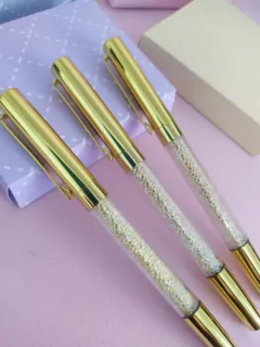 Caneta Luxo Cristais com Tampa - Dourada - Buendia