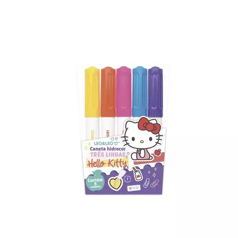 Caneta Hidrocor - 3 Linhas - Hello Kitty - Estojo com 5 Cores - Leo&Leo