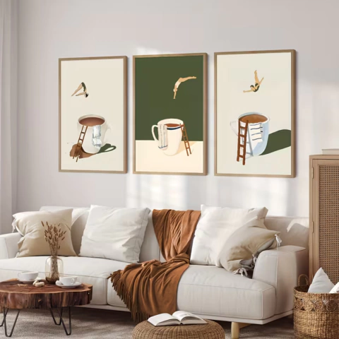 Set x3 Cuadro Buceador de Cafe Minimalista Decorativo Lienzo Impreso