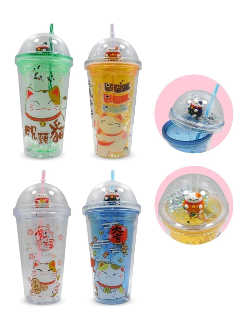 Vaso Acrílico con Tapa y Bombilla Gato de la Suerte