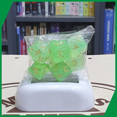 Set de dados x 7 - Verde translucido vetas doradas